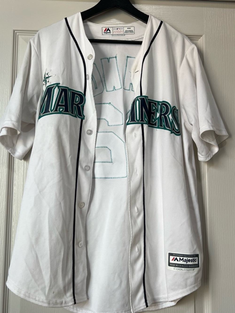 Majestic White Seattle Mariners Button-Up Jersey with Teal & Navy Trim